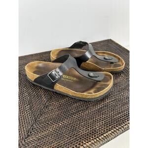 Birkenstock Gizeh Black Women's 38/7‎ Metallic Gray Thong Sandals Flats